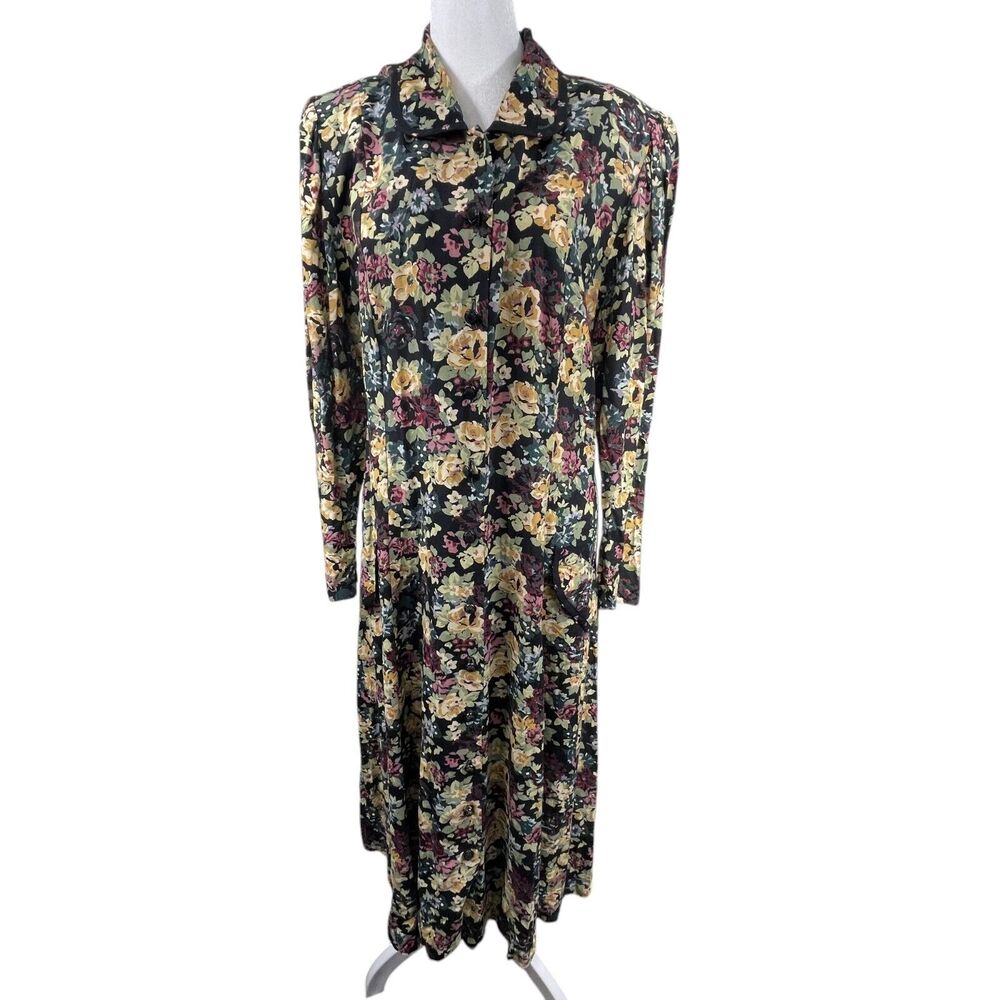 VTG 80s Puff Sleeve Floral Button Up Maxi Dress Sz 16 Cottage Shoulder Pads Boho